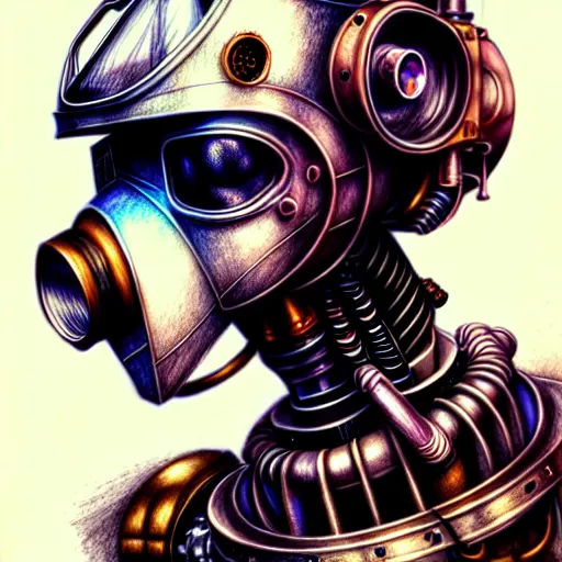 Image similar to hyper realistic pencil drawing of a steampunk robot , water color, full portrait, detailed, rim light, diffused, intricate, cyberpunk by anna dittmann,