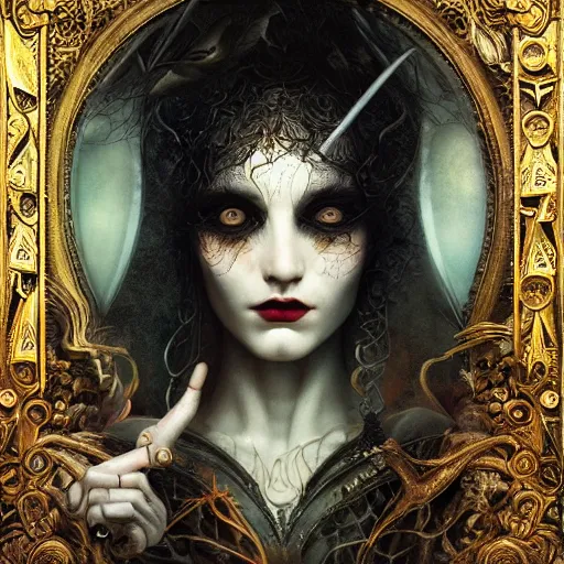 Prompt: curiosities carnival in wonderland, soft paint of a single sorceress, symmetry accurate features, horror, focus, very intricate ultrafine details, award winning masterpiece, tom bagshaw artstyle