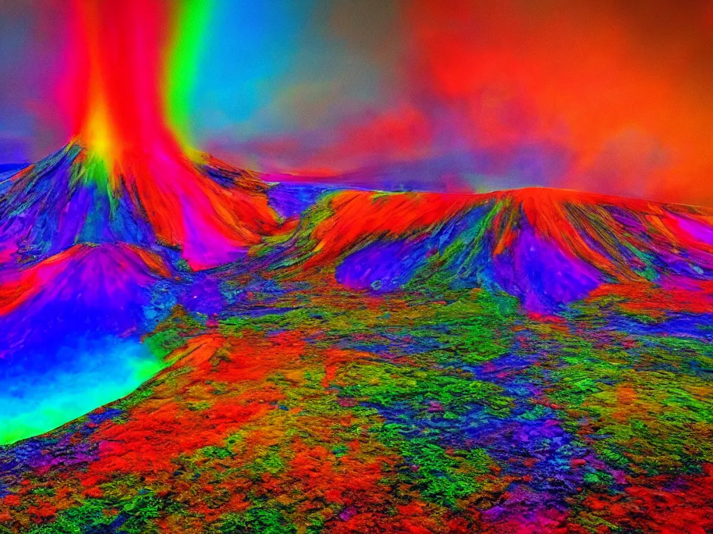 Prompt: rainbow volcano psychedelic art, 4 k