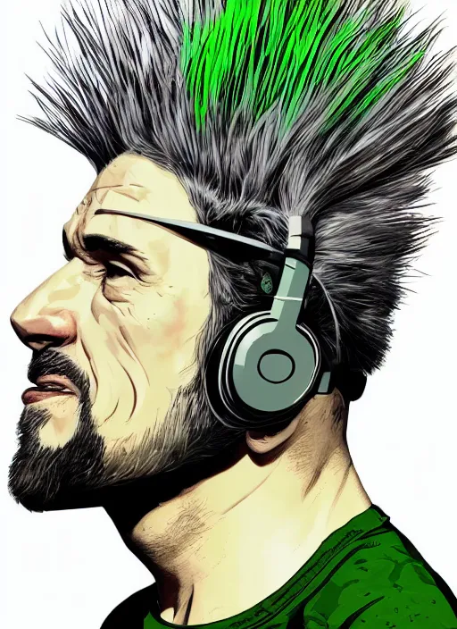 Image similar to portrait of a man with gray and green mohawk wearing a gray headset and brown tank top, gray and green mohawk, gray headset, brown tank top. art by martin ansin, martin ansin artwork. portrait.