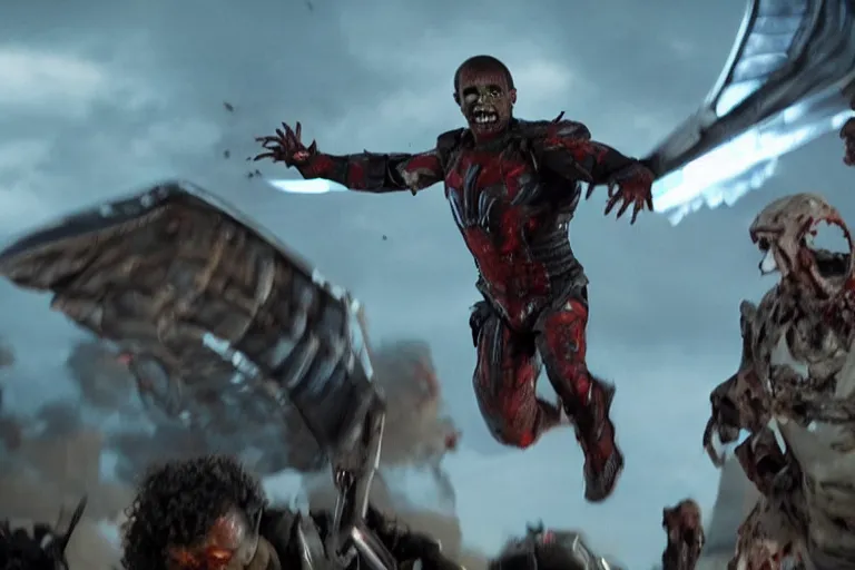 Image similar to film still of zombie zombie Sam Wilson falcon with metal wings out in new avengers movie, 4k