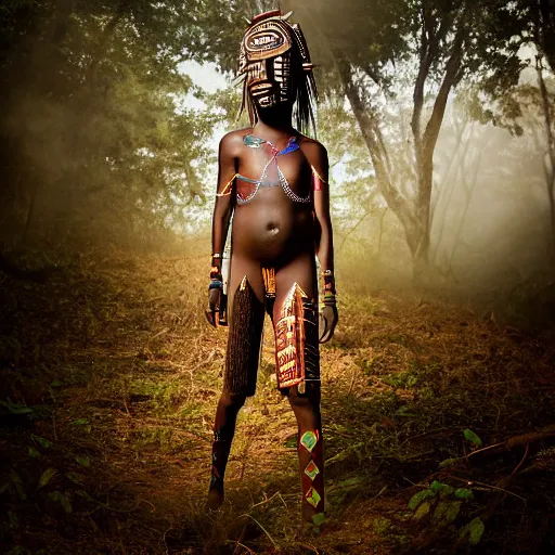 Image similar to dogon woman wearing traditional dogon tribal mask standing in a clearing in the deep forest, rays of the sun, caustics, realistic, photography, photojournalism, national geographic photoshoot, inner glow, shimmer, sparkle, smoke, dust