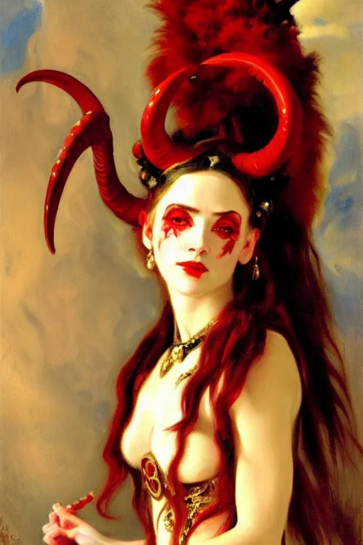 Image similar to painted close - up portrait of a attractive red - skinned intimidating demon girl with ram horns! oil painting, wearing a noblewoman's outfit, fantasy art by john singer sargent and gaston bussiere, demon noble character design, hd