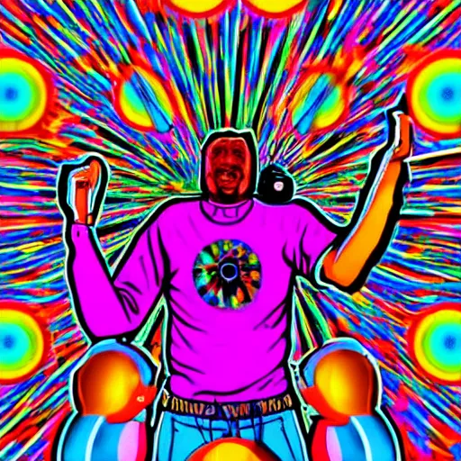 Image similar to svg sticker of a Dancing-Alex-Grey-Psychedelic-Rave-Man, at a rave, spinning records, giant headphones rocking out, wearing headphones, huge speakers, dancing, rave, DJ, spinning records, digital art, amazing composition, rule-of-thirds, award-winning, trending on artstation, featured on deviantart