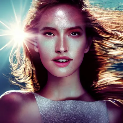 Prompt: sci - fi, morning, smiling fashion model sun face, cinematic, clouds, sun rays, vogue cover style, photo realistic