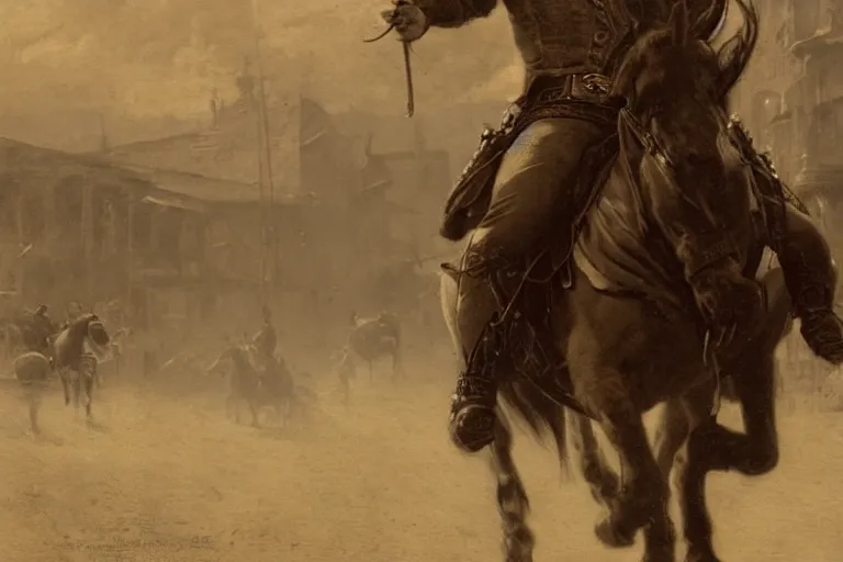 Image similar to close up portrait of rugged sheriff riding his horse through a busy old - west town, detailed, volumetric lighting, cinematic, in the style of gaston bussiere