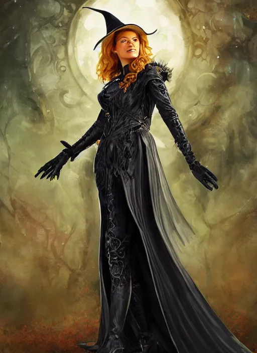 Image similar to beautiful female witch, rebecca romijn as wicked witch of the west, full body character concept, covered in full leather armor, art nouveau, super powers, fantasy, intricate, elegant, highly detailed, digital painting, artstation, concept art, shining, sharp focus, illustration, art by stanley lau