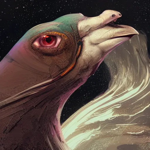 Image similar to Portrait of fat pigeon in space, dark fantasy, intricate, elegant, highly detailed, digital painting, artstation, concept art, smooth, sharp focus, illustration, art by Sam Youn and Fernanda Suarez and Artem Demura and alphonse mucha