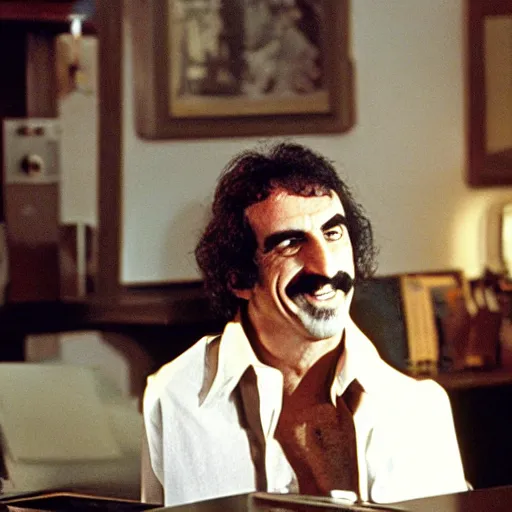 Prompt: frank zappa smiles shyly in the movie 2 0 0 1