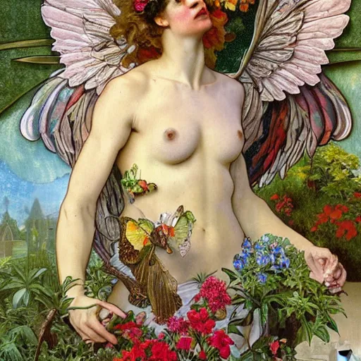 Prompt: an oil painting of a handsome garden angel with majestic wings standing in front of a cottage by arcimboldo and alphonse mucha and thomas kincade