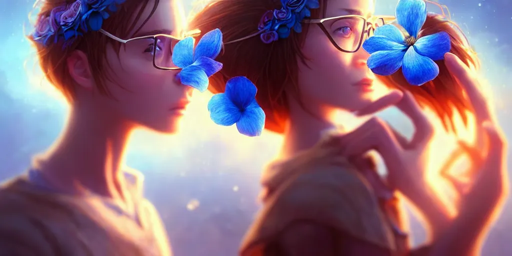 Image similar to epic professional digital art of a bread toast wearing 👓 and a blue flower, best on artstation, cgsociety, wlop, cosmic, epic, stunning, much detail, much wow, masterpiece, backlight