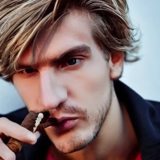 Image similar to a closeup photo of handsome gigachad xqc elrubius smoking a cigar