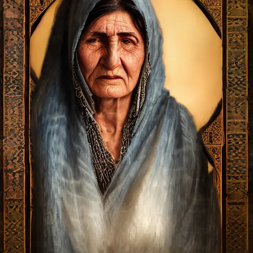 Image similar to hyperrealistic mixed media high resolution image of a beautiful Kurdish grandmother, stunning 3d render inspired art by István Sándorfi and Greg Rutkowski and Unreal Engine, perfect symmetry, dim volumetric lighting, 8k octane beautifully detailed render, post-processing, extremely hyper-detailed, intricate, epic composition, highly detailed attributes, highly detailed atmosphere, full body shot, cinematic lighting, masterpiece, trending on artstation, very very detailed, masterpiece, stunning, flawless structure, lifelike texture, perfection,