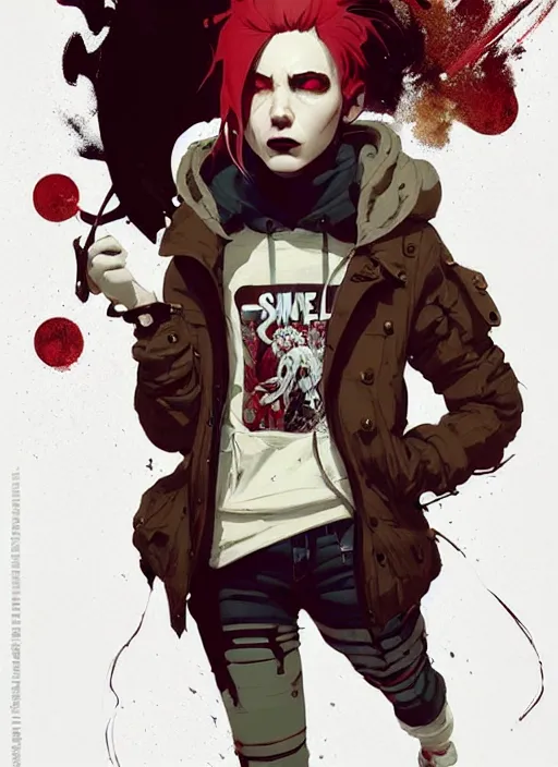 Image similar to highly detailed portrait of a sewer punk canadian lady, tartan hoody, white hair by atey ghailan, by greg rutkowski, by greg tocchini, by james gilleard, by joe fenton, by kaethe butcher, gradient red, brown, blonde cream and white color scheme, grunge aesthetic!!! ( ( graffiti tag wall background ) )