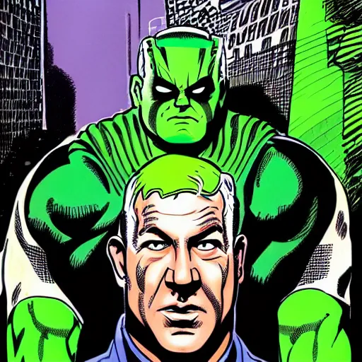 Prompt: Portrait of Benjamin Netanyahu as a green money superhero, by Jim Lee, Jack Kirby, highly detailed, clean, wallpaper