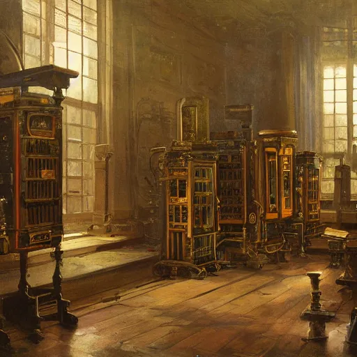 Image similar to painting of a scifi ancient civilzation victorian computer room with pillars, andreas achenbach