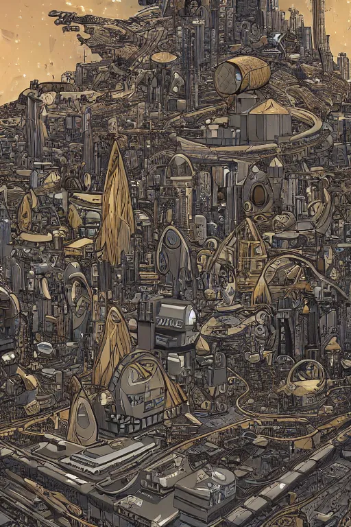 Image similar to gold and silver tones, cybernetic village on the outskirts of the universe, style of moebius, james jean, mcbess, cinematic, highly detailed, award winning, 8 k photorealistic