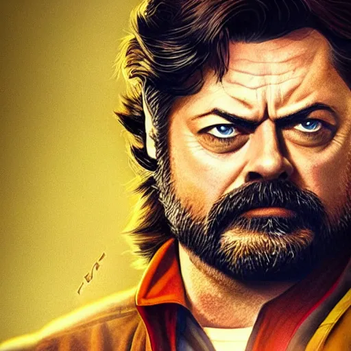 Image similar to logan pictured as nick offerman in wolverine x - men suit, imdb, marvel movie still, detailed 8 k, poster style, deviantart and artstation top picks