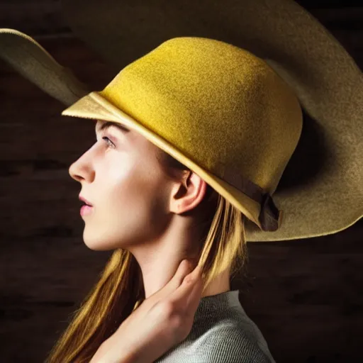 Image similar to portrait of 2 3 - year - old woman with angle lost profile looking away, happy women, cinematic colors, medium yellow blond hair, brown hat, hair comes out of the hat a little, caracter look like tomb raider realistic