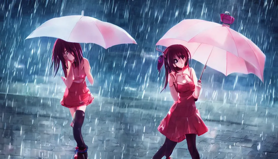 Image similar to anime girls in the rain, masterpiece, pinup, highly detailed, digital painting, artstation, concept art, smooth, sharp focus, illustration, Unreal Engine 5, 8K