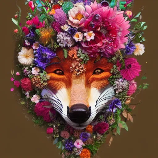 Prompt: made of flowers, made of flowers, made of flowers, fox made of flowers, fantasy art, trending on artstation, beautiful art, intricate, elegant, highly detailed, digital painting