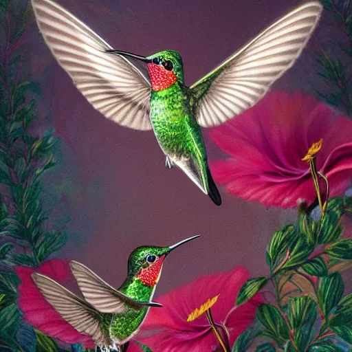 Image similar to hummingbird, background covered with fine floral ornaments, eye - level medium - angle shot, intricate, floral background, by esao andrews, by m. w. kaluta, by yoshita amano, romantic, intricate, natural lighting, smooth, fine art, 3 d octane render, depth perception, 4 k,, artstation