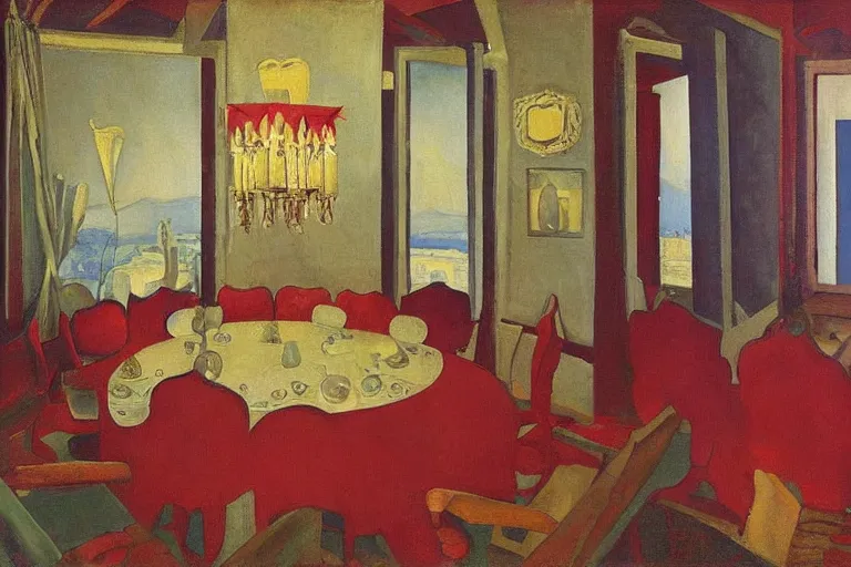 Prompt: A oil painting of a french red dinner room, with silver cutlery by Nicholas Roerich, by Georgia o Keeffe, by Gustave Moreau