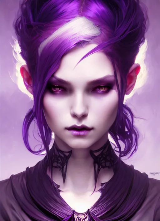 Image similar to Necromant, fantasy magic, undercut hairstyle, short purple black fade hair, dark light night, intricate, elegant, sharp focus, illustration, highly detailed, digital painting, concept art, matte, art by WLOP and Artgerm and Greg Rutkowski and Alphonse Mucha, masterpiece