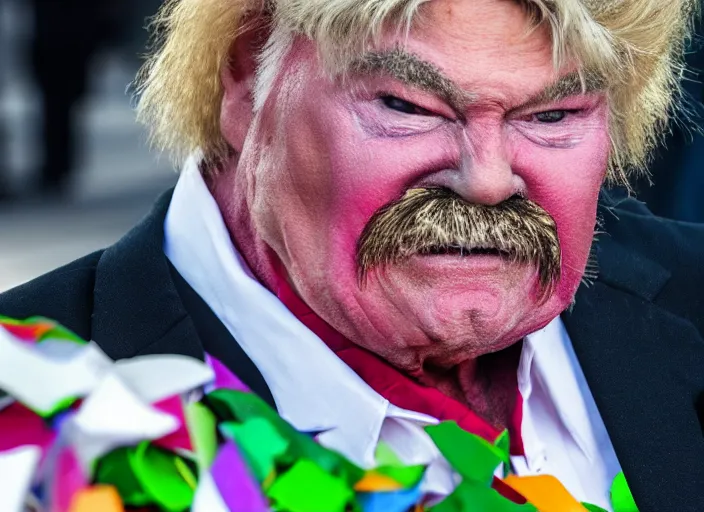 Image similar to photo still of rip taylor at a funeral service outside!!!!!!!! at age 5 4 years old 5 4 years of age!!!!!!! throwing confetti from a bucket, 8 k, 8 5 mm f 1. 8, studio lighting, rim light, right side key light