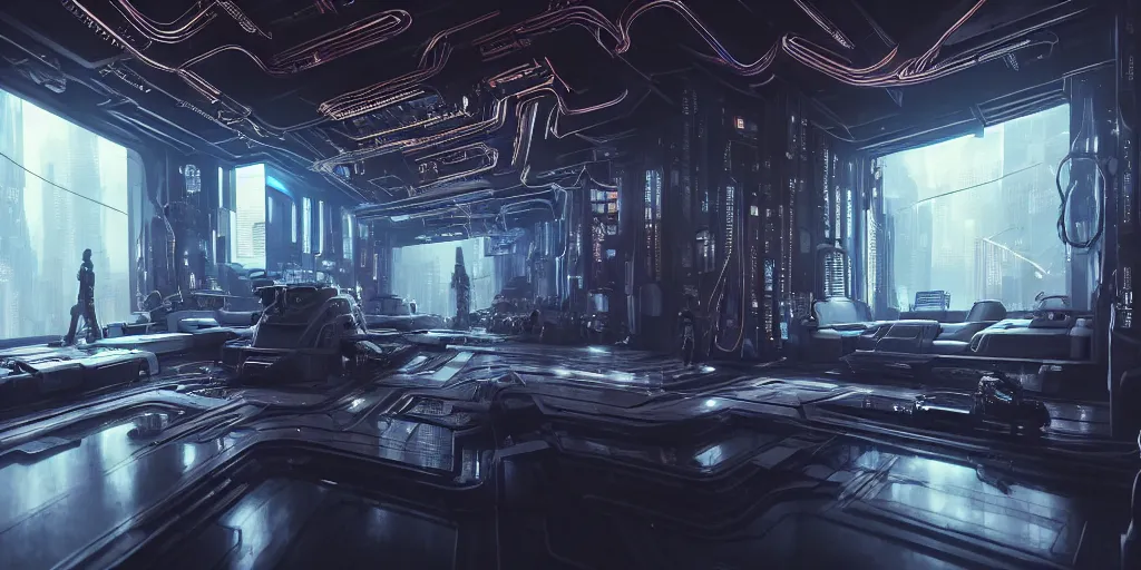 Image similar to ultra detailed photorealistic cyberpunk interior, cinematic light, sci fi, glossy, big cybernetic machines, wires, robotics, futuristic decor, artstation, global illumination, intricate, ultra realistic illustration, matte painting, high detailed, unreal engine, octane render, 4 k, hd, high quality