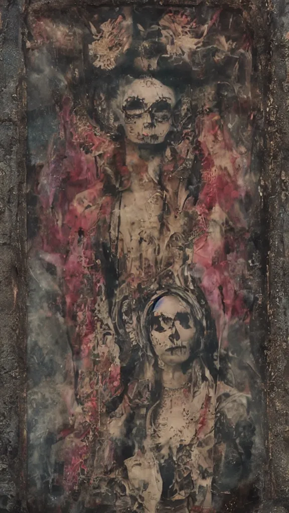 Image similar to tintype full body view, virgin mary in dia de muertos dress and make up, horrific beautiful vibe, evocative, atmospheric lighting, painted, intricate, highly detailed,