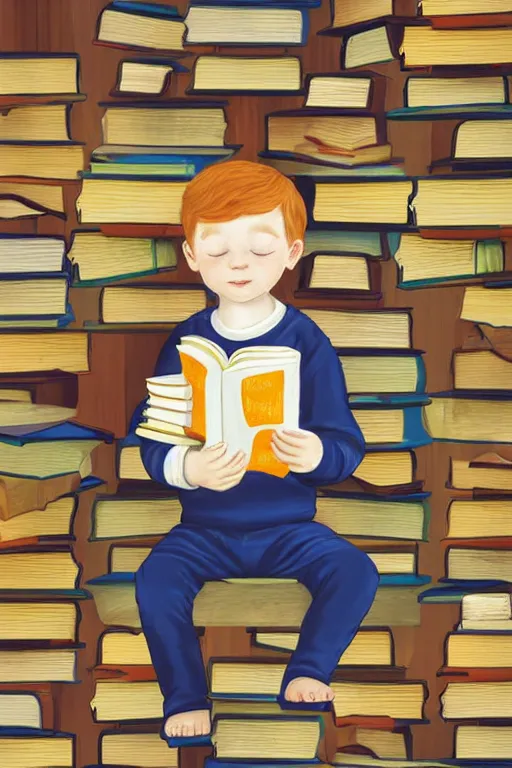 Image similar to a little boy with ginger hair sits cross legged on top of a tall pile of books. he is reading. clean elegant pretty cartoon painting, beautiful detailed face, storybook illustration.