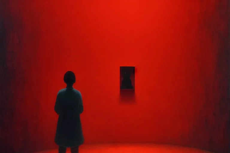 Image similar to only with red, netflix studios with workers at work, a big mickey mouse head in the middle, in the style of beksinski, parts by edward hopper, parts by rodcenko, parts by yue minjun, intricate and epic composition, red by caravaggio, insanely quality, highly detailed, masterpiece, red light, artstation, 4 k