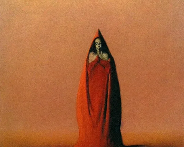 Image similar to by francis bacon, beksinski, mystical redscale photography evocative. devotion to the scarlet!!! woman!!!, priestess in a conical!!! hat, coronation, ritual, sacrament