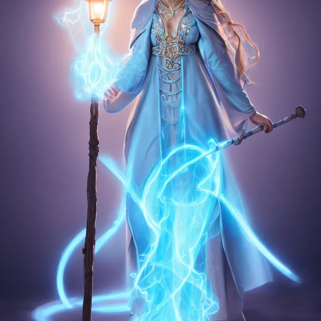 Image similar to beautiful elemental electric witch with ornate light blue robes and staff, highly detailed, 4 k, hdr, smooth, sharp focus, high resolution, award - winning photo, artgerm, photorealistic