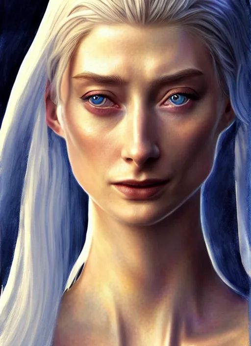 Image similar to beautiful radiant elizabeth debicki as galadriel, lord of the rings, lotr fanart, trending on artstation, character art, the hobbit, digital painting, perfectly detailed eyes, concept art, smooth, sharp focus, illustration, art by artgerm and greg rutkowski, directed by peter jackson,