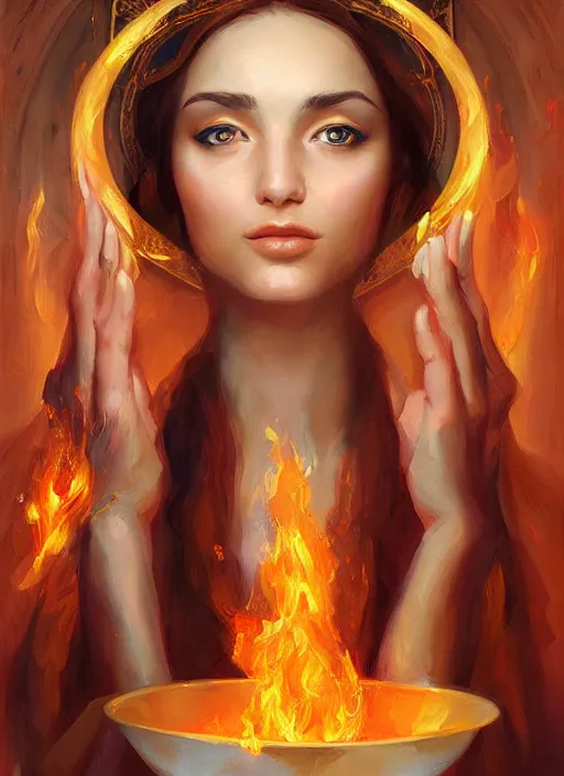 Image similar to Portrait of a beautiful priestess from the oracle of Delphi, looking into the flames, greek mythology, high face detail, in the style of Julia Ustinovich, digital art, Vladimir Volegov