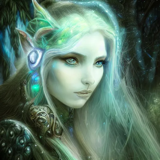 Prompt: masterpiece digital painting portrait of tyrande whisperwind, close view, moonlight, elf forest background, at night, by luis royo, warcraft, artstation, deviantart, unreal engine, 8 k, cinematic lights