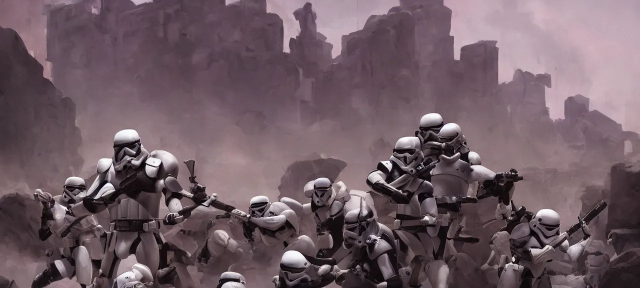 Prompt: gladiators in stormtrooper helmets, fighting in olympus, with dense crowds and dusty atmospherics, in arkane artstyle, trending in artstation, beautiful composition