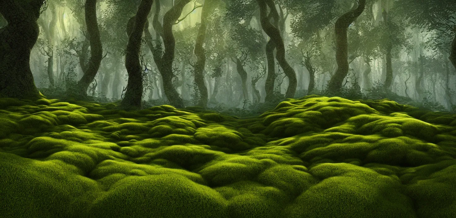 Image similar to random forest landscape, moss, incredible, vector art, octane render, fabulous, hyper detailed, random cinematic view, no noise, global illumination, warm lighting, volumetric, godrays, vivid, beautiful, by maxim shkret