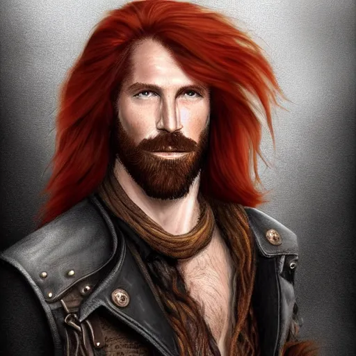 Image similar to portrait of a rugged!!!! male captain with long red hair!!!!!!, upper body, flowing hair, ethereal, handsome, leather coat, Steampunk zeppelin!!!!!!!, D&D, fantasy, simple clothing!!!!, elegant, highly detailed, digital painting, deviantart, artstation, concept art, sharp focus, illustration, art by Artgerm and Greg Rutkowski and Alphonse Mucha