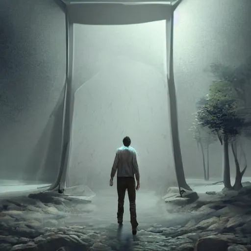 Image similar to a man walking into the portal, concept art, illustration, highly detailed, artwork, cinematic, hyper realistic, art station