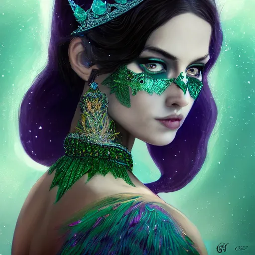 Prompt: detailed portrait of a fairy queen with wings wearing a silk robe, crown, pixie, iris, realism, emerald, galaxy, sapphire, moonlit, wearing a bejeweled face mask, dark fantasy, dramatic lighting, dreamlike, cgsociety, artstation