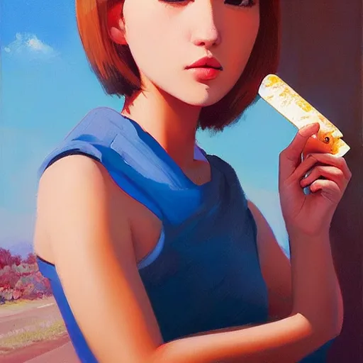 Image similar to oil painting by ilya kuvshinov,, baugh casey, rhads, coby whitmore, of a youthful japanese beauty, long hair, standing eating a popsicle outdoors by vending machines, highly detailed, breathtaking face, studio photography, dawn, intense subsurface scattering, blush, supple look, innocence, intense sunlight