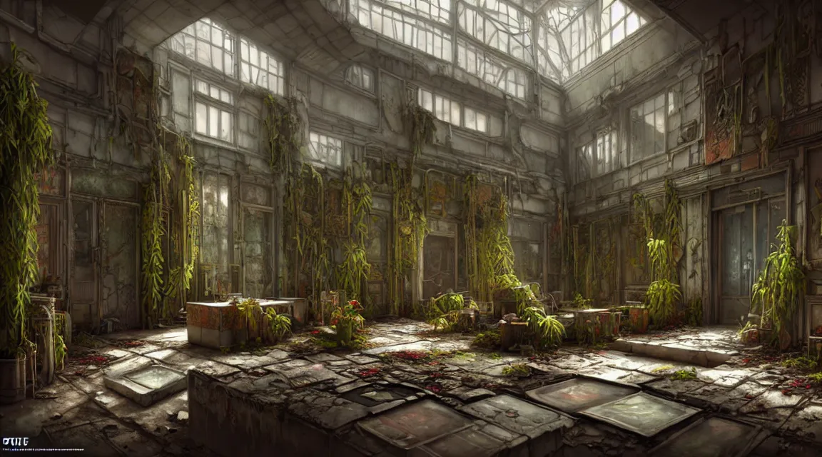 Prompt: post apocalyptic palace interior, interior plants, colorful color scheme, trending on cgsociety, photorealistic, hyperdetailed, hyperrealistic, game cg