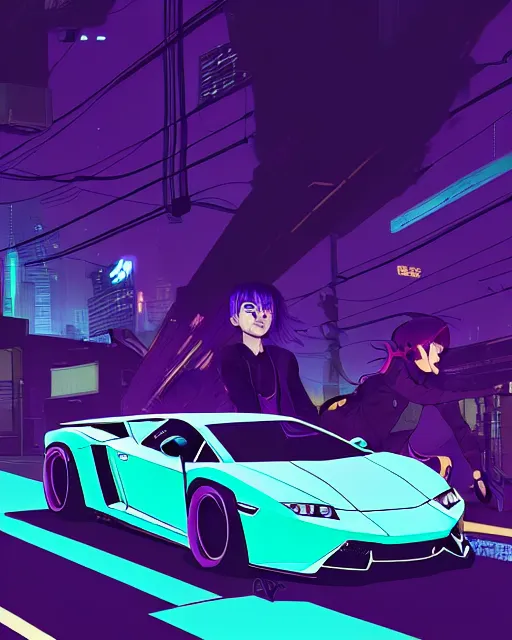 Image similar to digital illustration of cyberpunk pretty girl with blue hair, looking at a purple lamborghini, in junkyard at night, by makoto shinkai, ilya kuvshinov, lois van baarle, rossdraws, basquiat