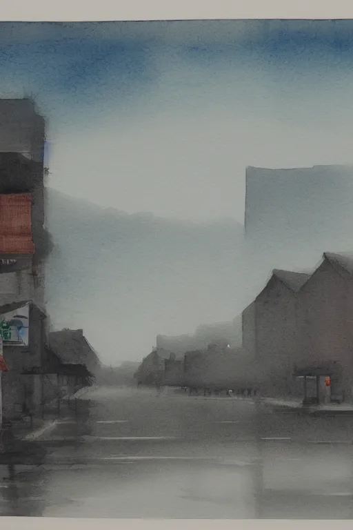 Image similar to A watercolor depicting an empty Wujiaochang, gloomy weather, high contrast, smooth, by Joseph Zbikowicz, 8k