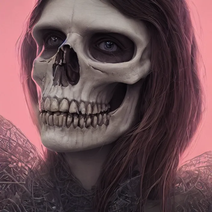 Image similar to portrait of Alexandra Daddario as a skeleton. intricate abstract. intricate artwork. by Tooth Wu, wlop, beeple, dan mumford. octane render, trending on artstation, greg rutkowski very coherent symmetrical artwork. cinematic, hyper realism, high detail, octane render, 8k, iridescent accents