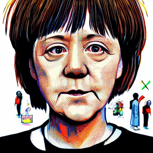 Image similar to full view of angela merkel from serial experiments lain, style of yoshii chie and hikari shimoda and martine johanna, highly detailed