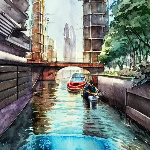 Prompt: Narrow cosy waterway in futuristic sci-fi city in harmony with nature, kayak passing through. Nice colour scheme, soft warm colour. Beautiful detailed watercolor by Lurid. (2022)